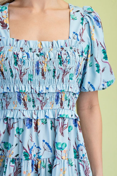 Gracelyn Floral Puff Sleeve Midi Dress- Blue