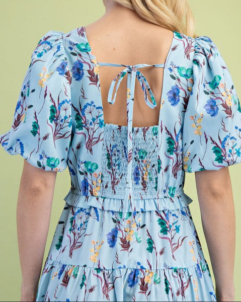 Gracelyn Floral Puff Sleeve Midi Dress- Blue
