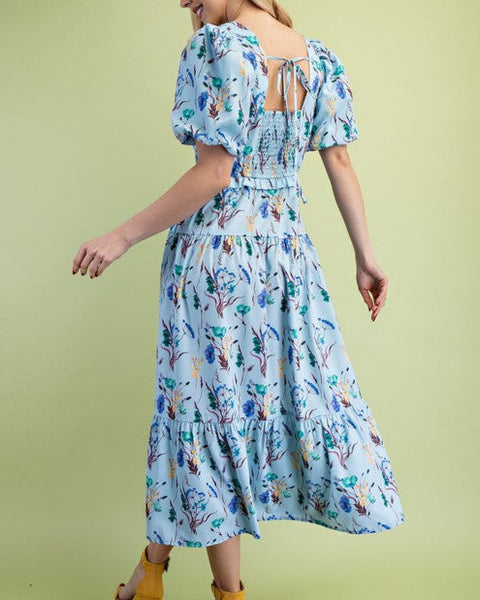 Gracelyn Floral Puff Sleeve Midi Dress- Blue