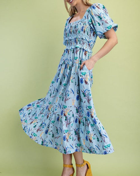 Gracelyn Floral Puff Sleeve Midi Dress- Blue