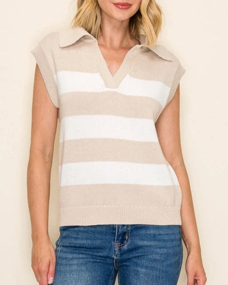 Millie Sleeveless Striped V-Neck Sweater Top- Sand/Ivory