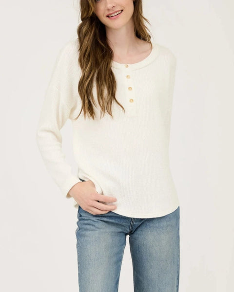 Kayla Waffle Knit Henley Top- Cream