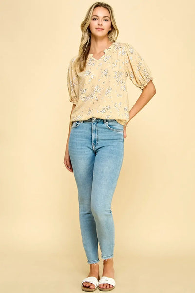 Ellie Floral Split Neck Top- Butter