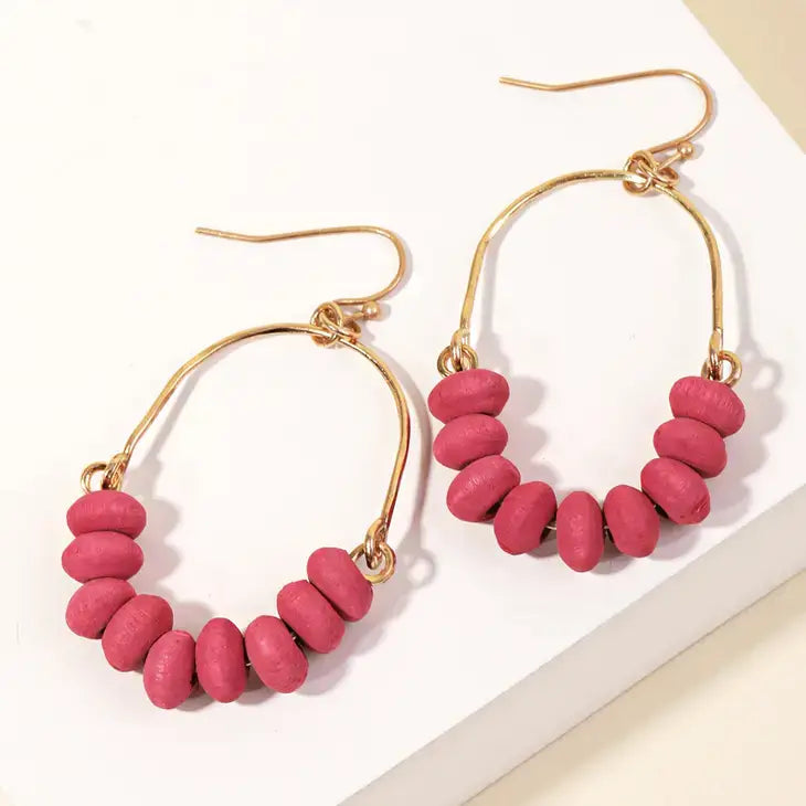 Wooden Bead Drop Earrings- Fuchsia