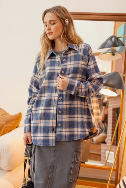 Oversized Button Front Plaid Shirt- Denim