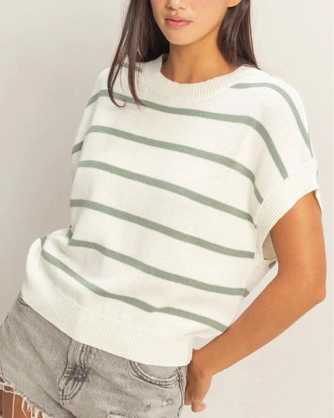 Maggie Striped Sweater Top- Sage