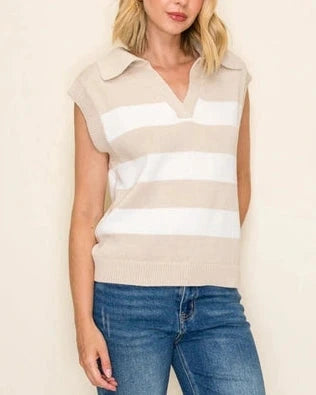 Millie Sleeveless Striped V-Neck Sweater Top- Sand/Ivory