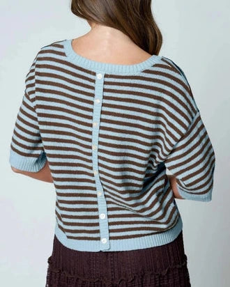 Maggie Stripe Contrast Short Sleeve Sweater- Chocolate/Blue