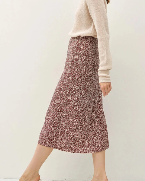 Geneva Floral Print Midi Skirt- Brown