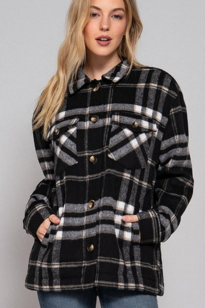 Fleece Lined Plaid Jacket- Black