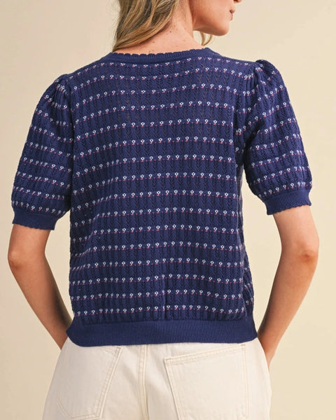 Birdie Pointelle Puff Sleeve Top- Navy Plum