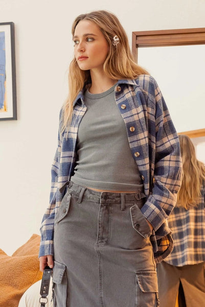 Oversized Button Front Plaid Shirt- Denim