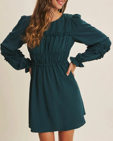 Leona Shirred Mini Dress- Deep Green