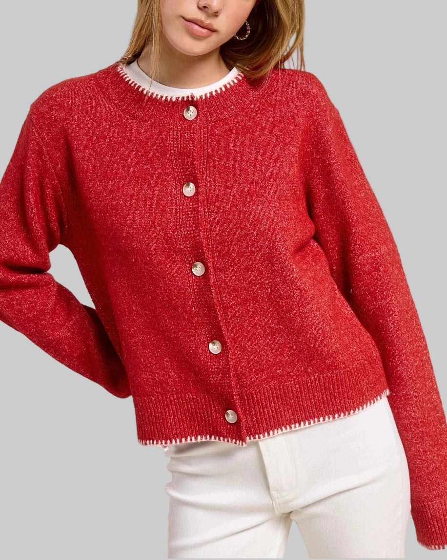 Blanket Stitch Cardigan- Candy Cane Red