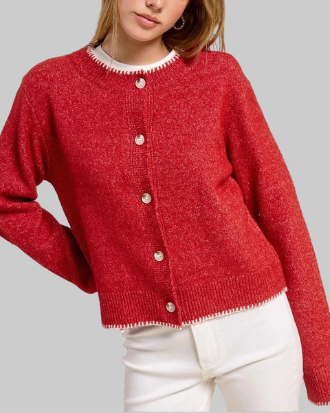 Blanket Stitch Cardigan- Candy Cane Red