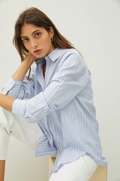 Julia Classic Pinstripe Button Front Top- Dusty Blue