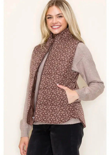 Poppy Floral Puffer Vest- Chocolate