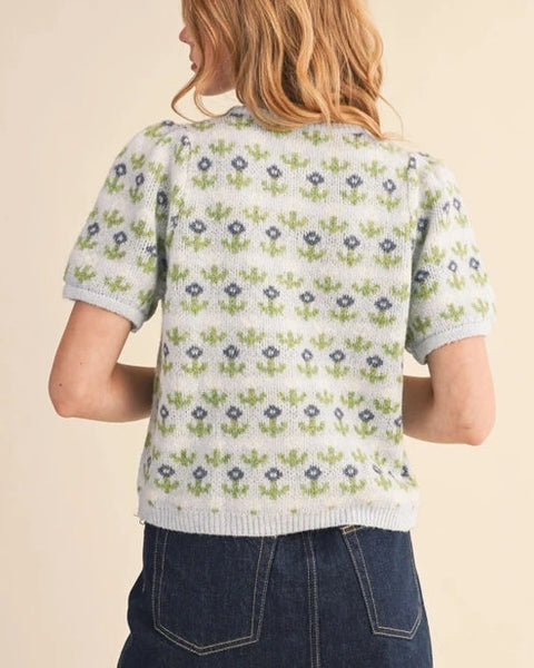 Ada Short Sleeve Floral Cardigan- Soft Blue