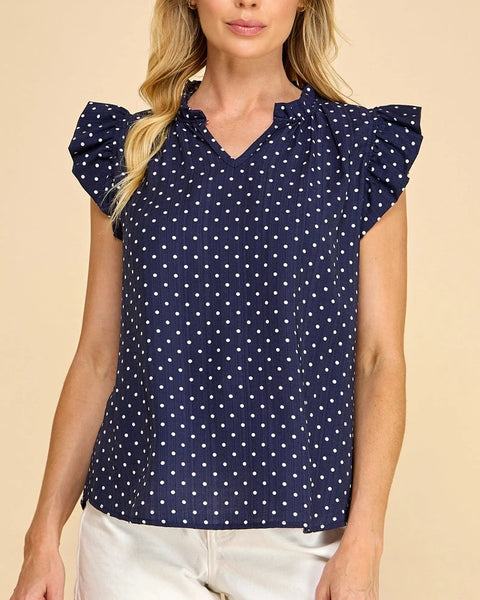 Faye Ruffle Sleeve Polka Dot Blouse- Navy