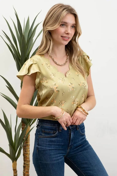 Chloe Floral Print Satin Top- Olive