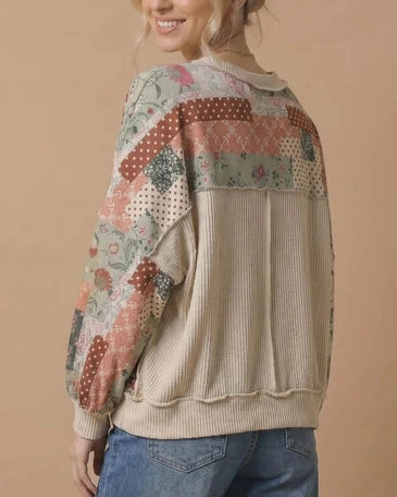 Trista Patchwork Print Top- Olive/Oatmeal
