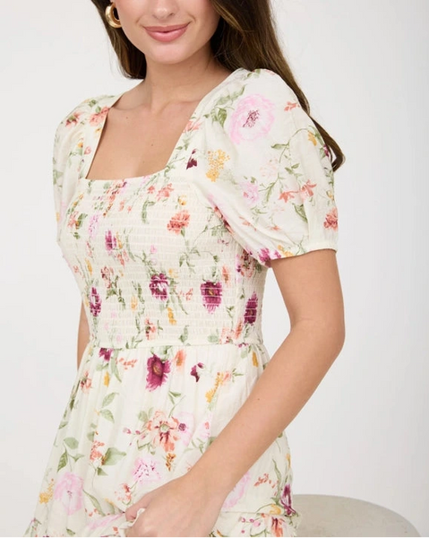 Tamara Floral Puff Sleeve Midi Dress- Ivory