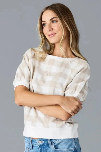 Tate Puff Sleeve Check Top- Taupe