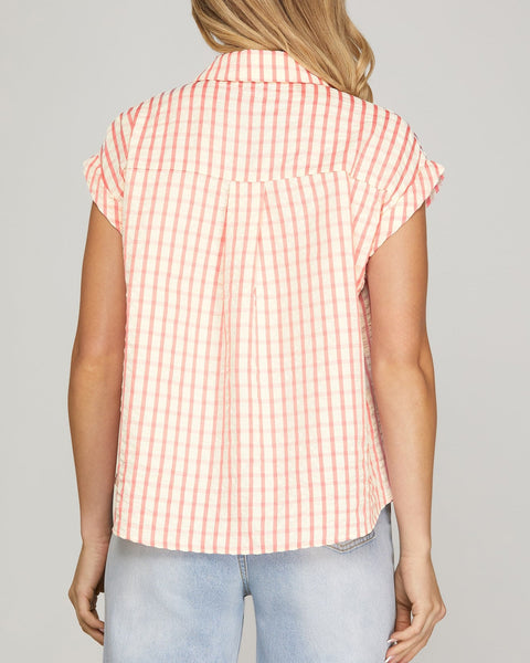Hattie Gingham Button Front Top- Pink
