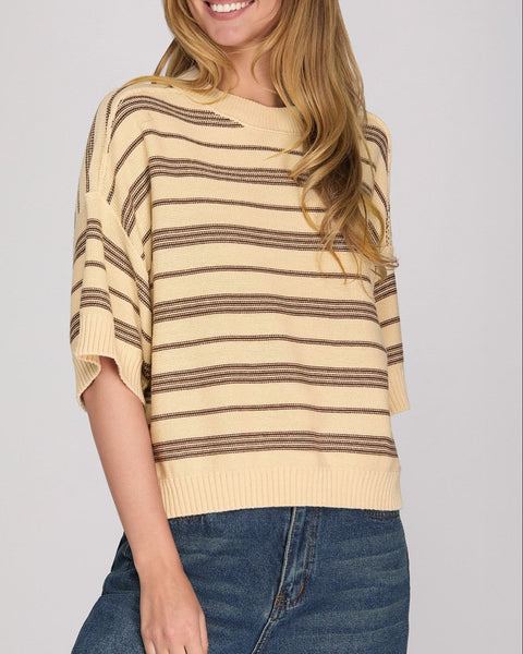 Harden Half Sleeve Striped Sweater Top- Light Taupe