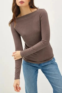 Ava Basic Boat Neck Top- Chocolate