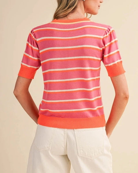 Indie Short Sleeve Stripe Top- Rose