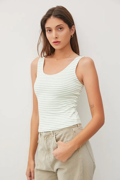 Willa Striped Basic Scoop Neck Tank- Sage