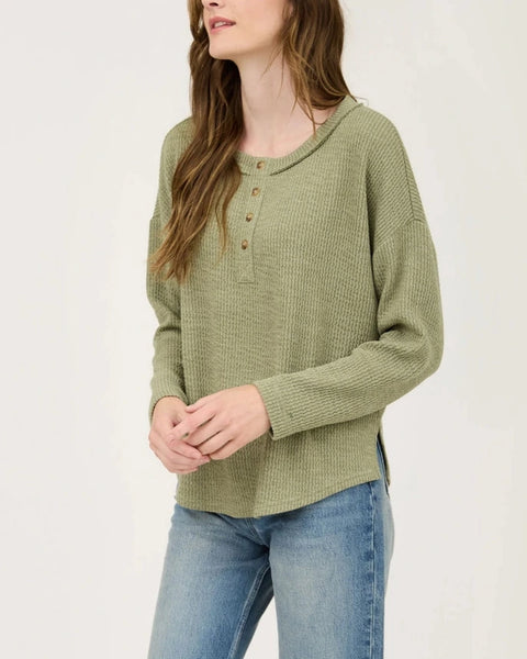 Kayla Waffle Knit Henley Top- Light Olive