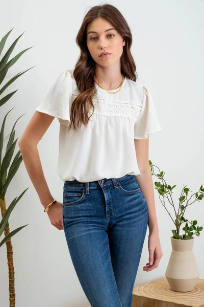 Thea Lace Trim Top- Cream