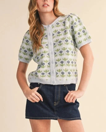 Ada Short Sleeve Floral Cardigan- Soft Blue