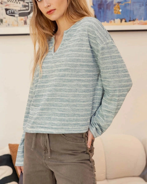 Flynn Striped Marled Knit Top- Dusty Teal