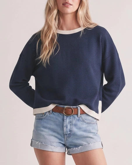 Skylar Long Sleeve Contrast Top- Navy/Cream