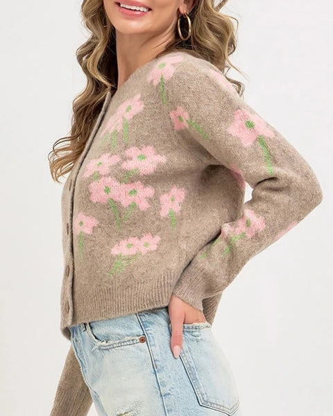 Carmen Cozy Floral Cardigan- Latte