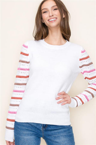 Harlow Stripe Sleeve Sweater- Ivory and Pink