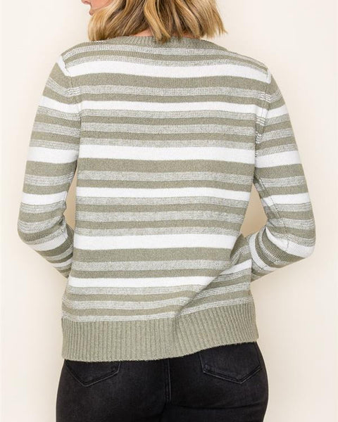 Sloane Crew Neck Stripe Sweater- Light Olive