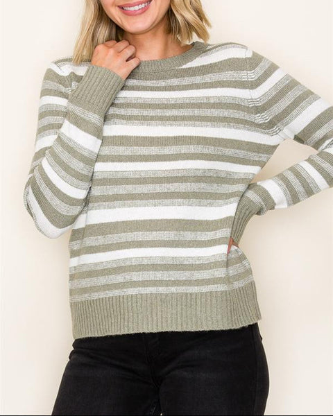 Sloane Crew Neck Stripe Sweater- Light Olive