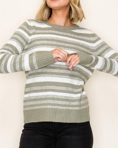 Sloane Crew Neck Stripe Sweater- Light Olive