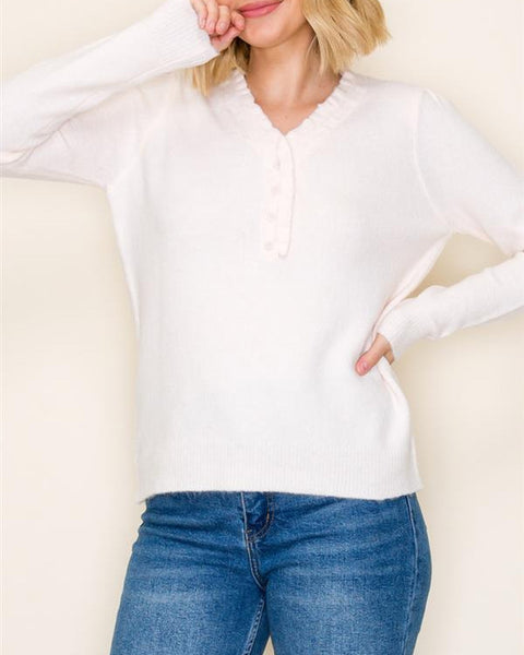 Ruffle Henley Sweater Top- Blush