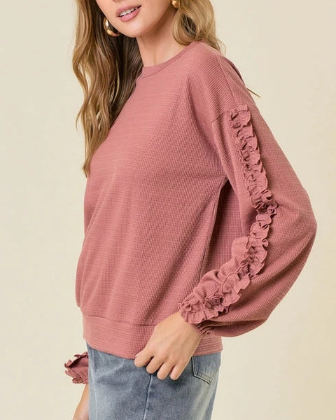 Julianna Textured Ruffle Sleeve Top- Dark Rose