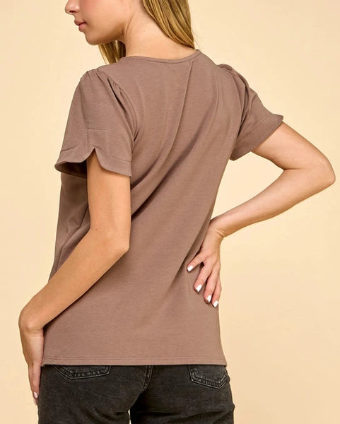 Carmen Short Sleeve Solid Top- Brown
