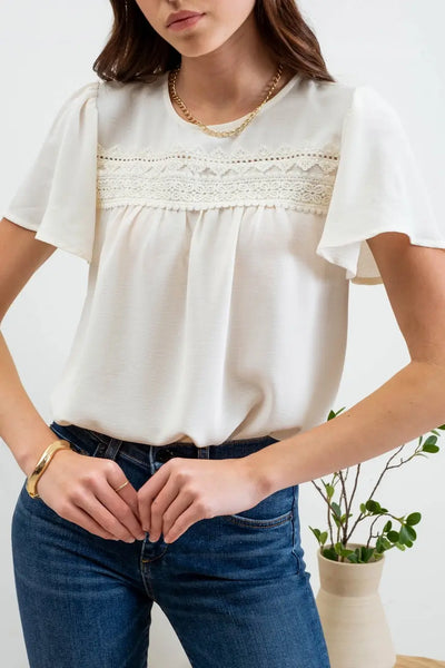 Thea Lace Trim Top- Cream