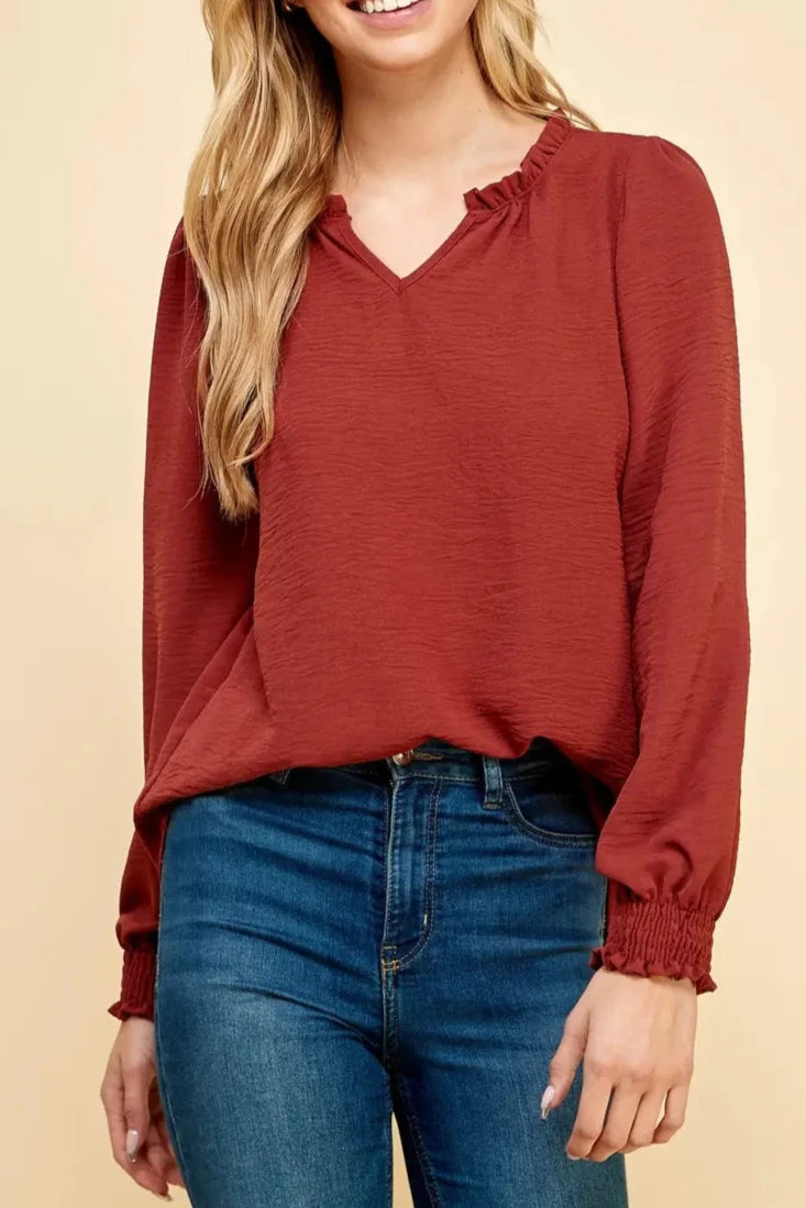 Ruffled Split Neck Top- Brick