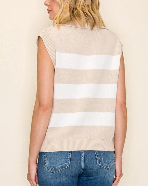 Millie Sleeveless Striped V-Neck Sweater Top- Sand/Ivory