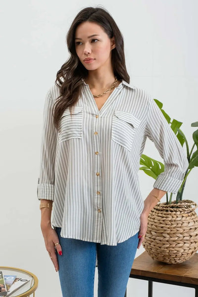 Hadley Striped Button Down Top- Olive