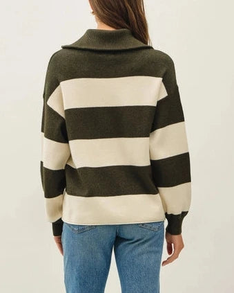 Logan Striped Half Zip Sweater Top- Hunter Green
